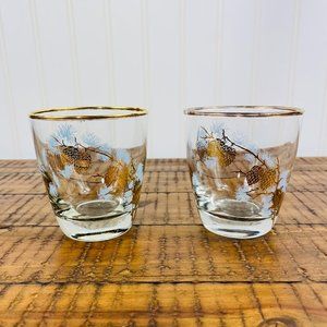 Set of 2 Libbey Pinecones Gold Rim Cocktails Glasses